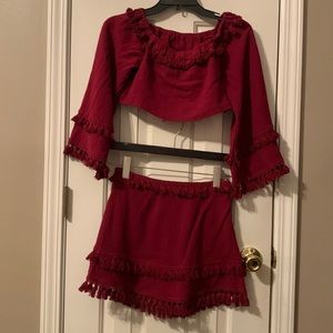 American Threads by Native Daughters burgundy tasseled piece crop top skirt set